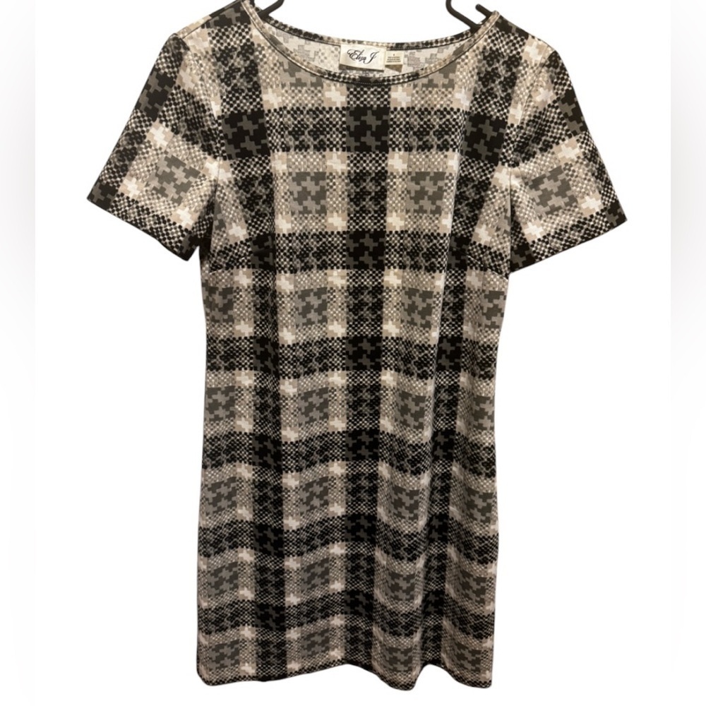 Eliza J. Sheath Short Sleeve Printed Sophisticated Dress Black Tan Sz 6 - Picture 3 of 12